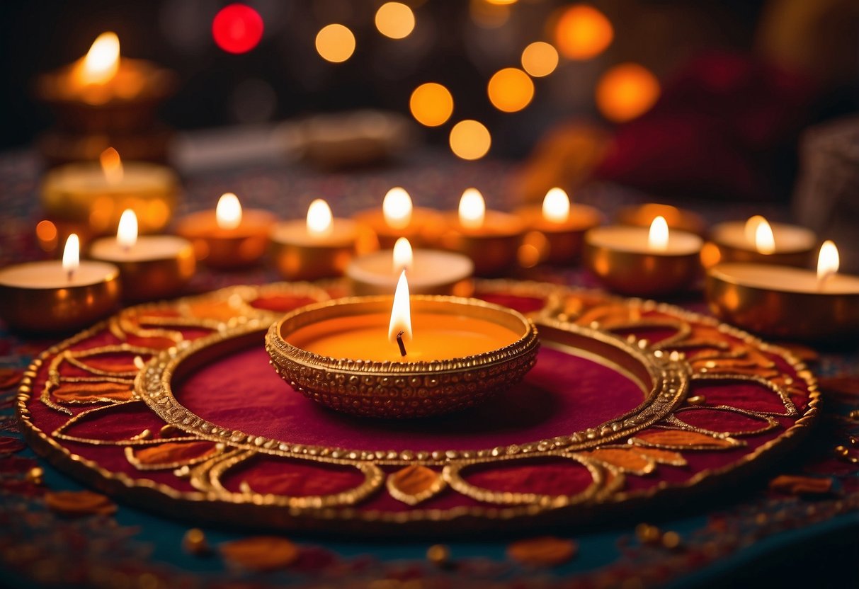 Vibrant colors of red, gold, and orange adorn the Diwali home decor. Rangoli patterns and diyas create a festive ambiance