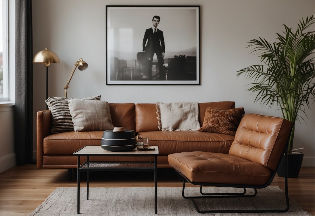 A modern living room with a leather sofa, industrial-style coffee table, and minimalist wall art. A sleek bar cart sits in the corner, while a vintage record player adds a touch of nostalgia