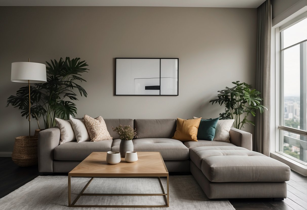 A modern living room with a neutral color scheme featuring geometric throw pillows on a sleek sofa and a minimalist coffee table