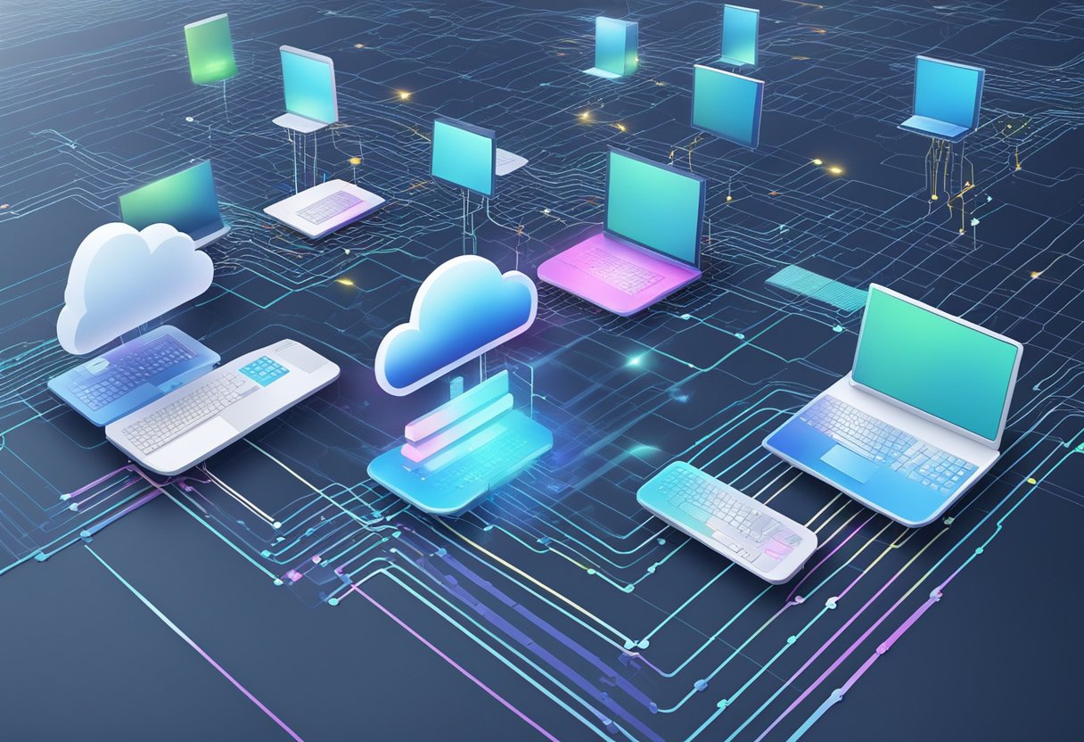 Multiple cloud servers interconnected, with advanced AI algorithms managing data flow. Cutting-edge security measures protect against cyber threats. Renewable energy powers the servers, reducing environmental impact