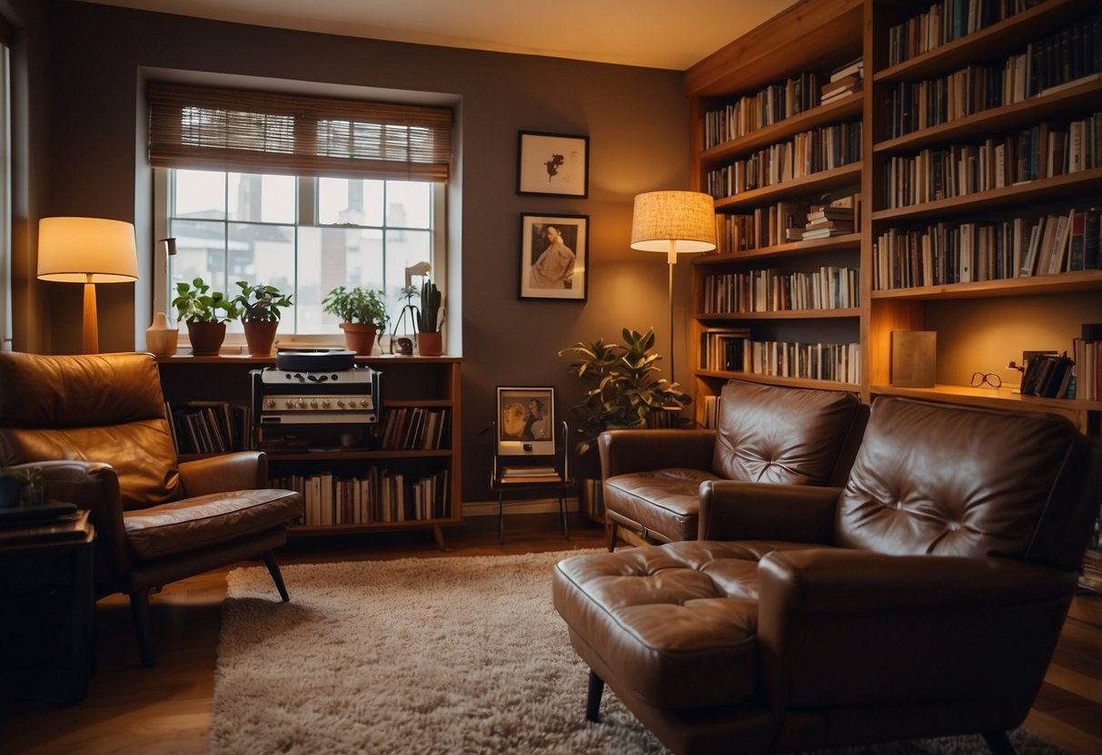 A cozy living room with a leather armchair, warm lighting, and unique art pieces on the walls. A bookshelf filled with vintage books and a record player add personal touches