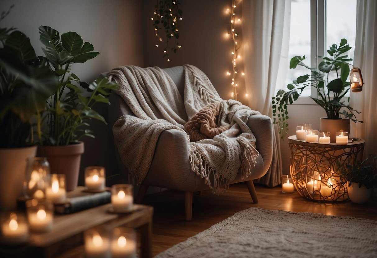 A cozy room with warm fairy lights, plants, and art on the walls. A comfy chair with a soft blanket and a small table with a cup of tea