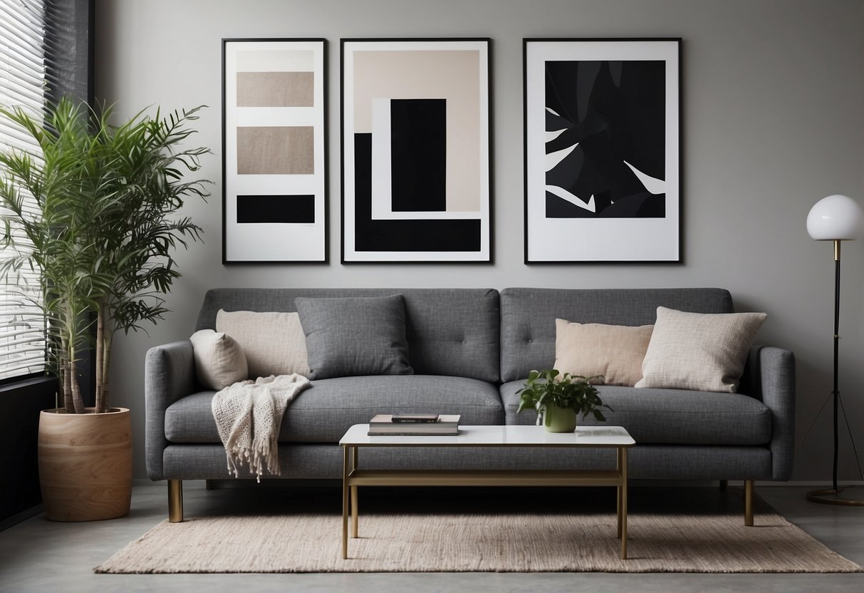 A clean, modern room with neutral walls and simple, stylish furniture. A gallery wall displays minimalist art prints in black frames, creating a cohesive and aesthetically pleasing atmosphere