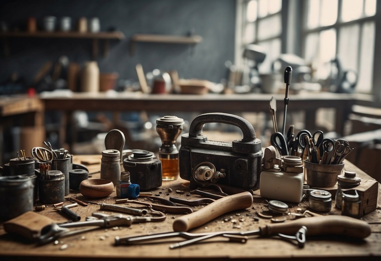 A workbench cluttered with tools and supplies, a broken vase and picture frame, a step-by-step guide open on the table