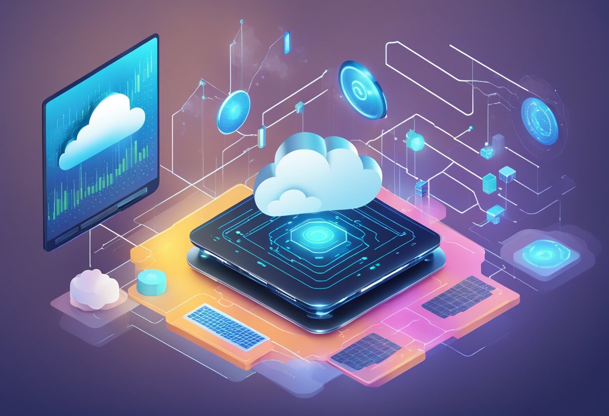 A cloud server surrounded by futuristic technology and data streams, with charts and graphs displaying emerging trends and technologies