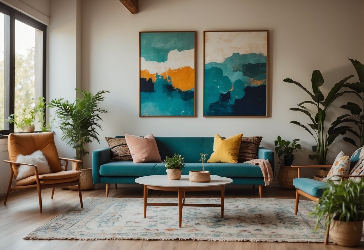 A cozy living room with colorful abstract paintings on the walls, a vintage rug, and potted plants adding a touch of nature to the space