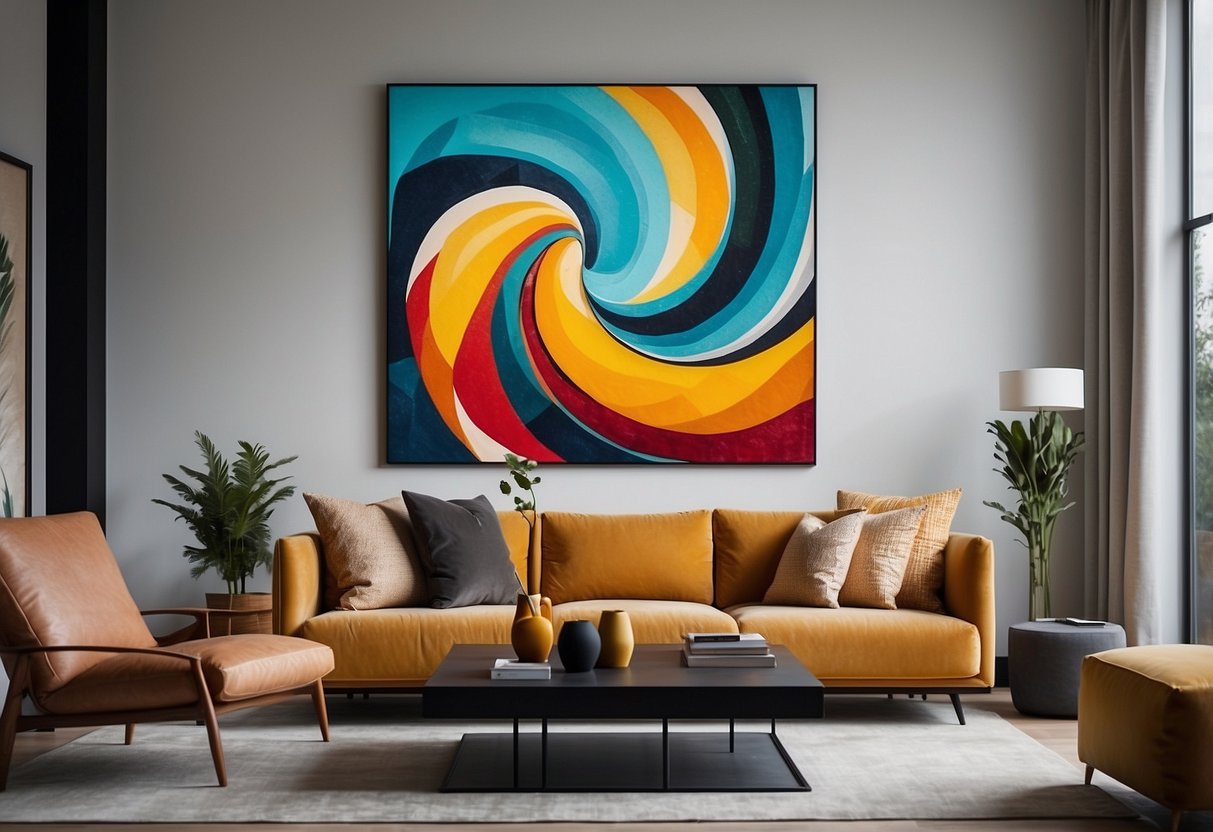 A colorful abstract canvas painting hangs on the wall as the focal point of a modern living room. The vibrant colors and dynamic shapes add a contemporary touch to the home decor