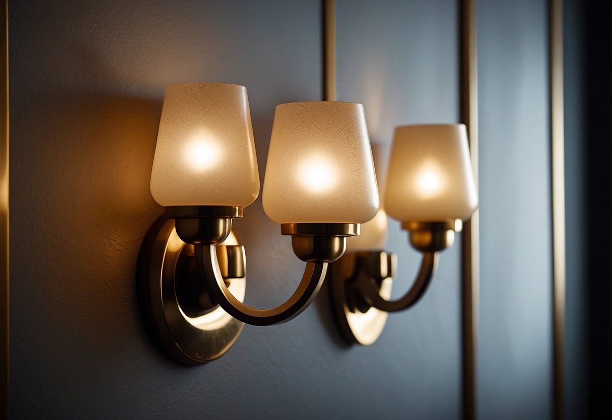 Two sleek, modern wall sconces hang on a textured wall, casting a soft glow and adding a sculptural element to the room's decor