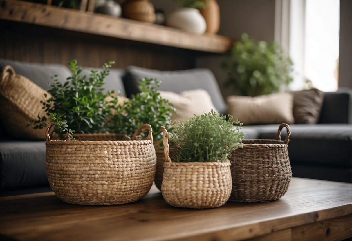 A cozy living room with rustic woven baskets displayed as home decor