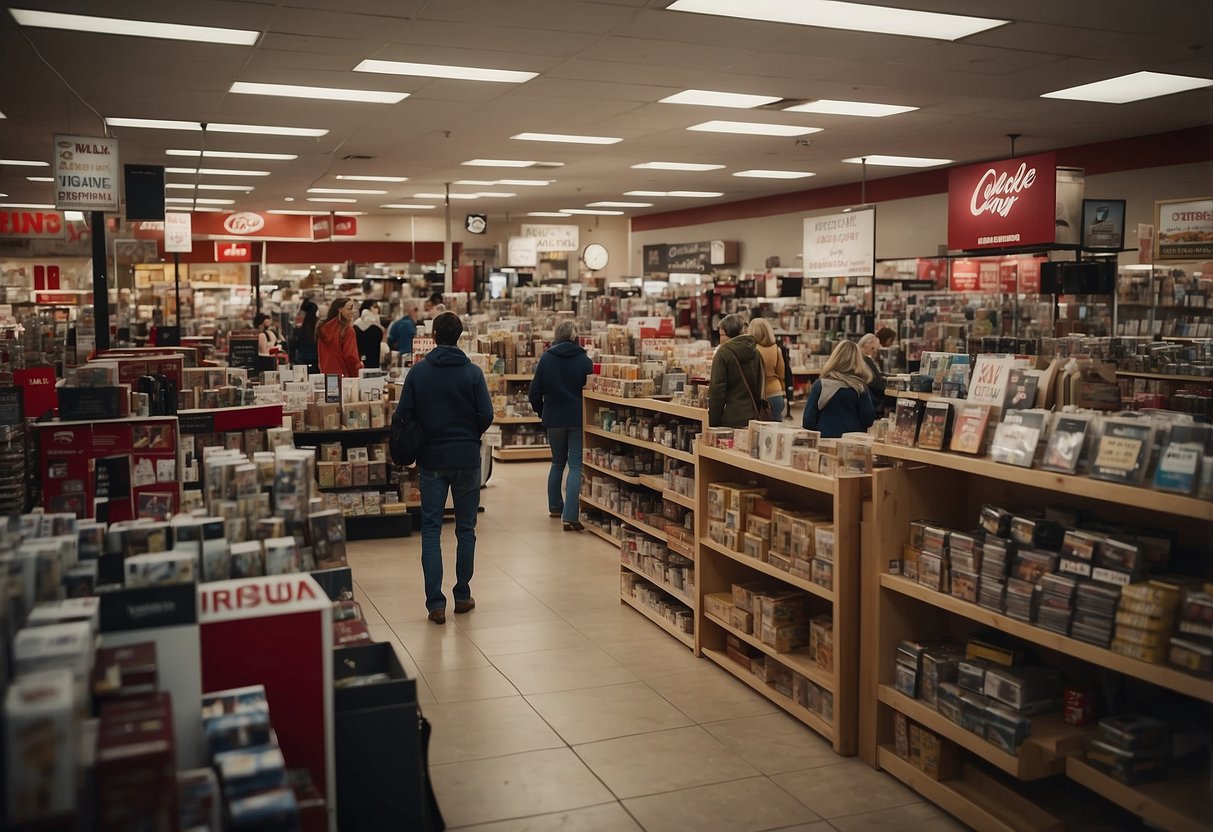 A crowded store with shelves of discounted home decor items. Customers browse through aisles, comparing prices and inspecting items. Sale signs and red tags are prominently displayed throughout the store