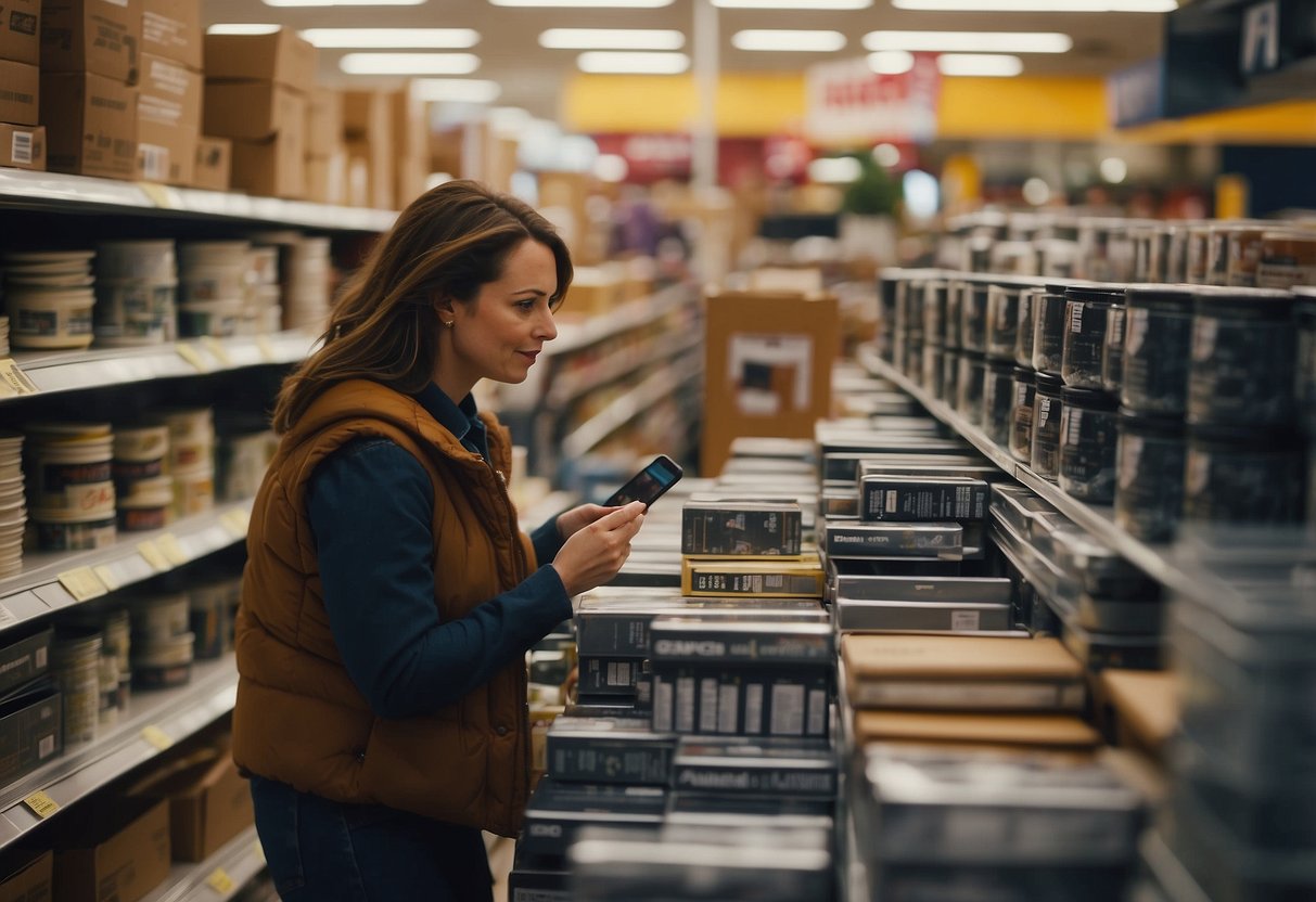 A woman carefully compares prices on home decor items, a budget in hand, as she navigates through crowded aisles on Black Friday