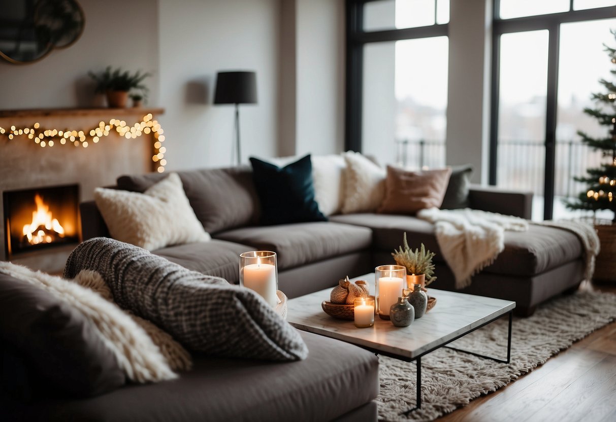 A cozy living room with a crackling fireplace, adorned with twinkling string lights and plush throw pillows. A sleek, modern kitchen with gleaming stainless steel appliances and marble countertops