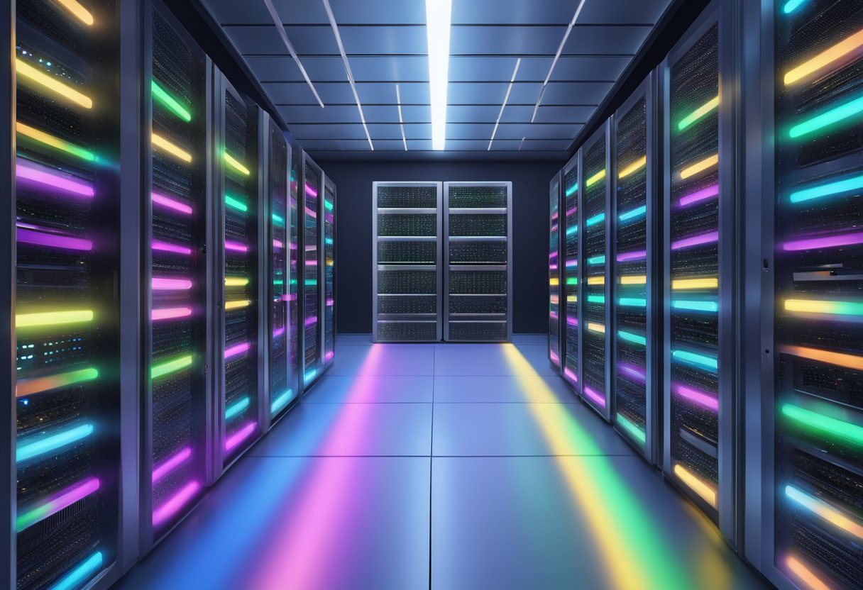 A server room filled with rows of sleek, modern cloud servers, each adorned with blinking lights and connected by a web of cables