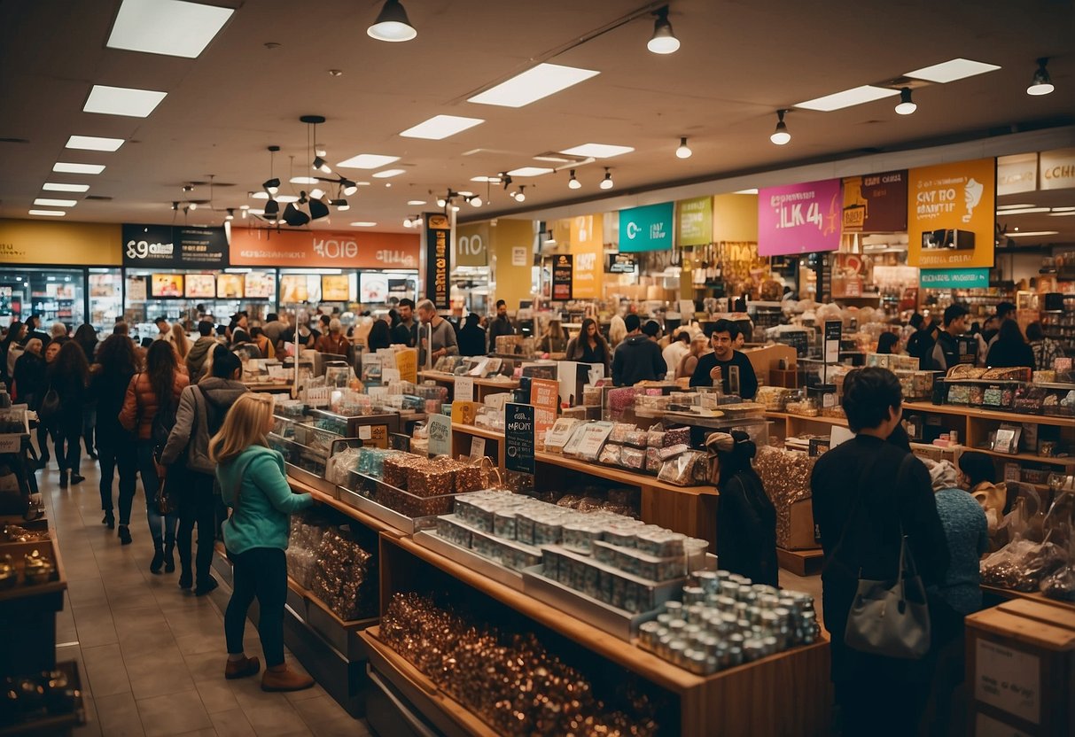 A crowded store with colorful home decor displays, shoppers comparing prices, and Black Friday sale signs