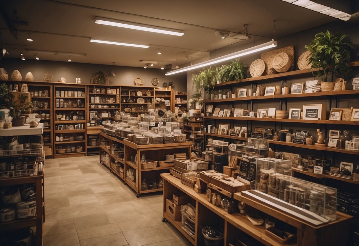 A crowded store with shelves filled with home decor items. Sale signs and banners are displayed throughout the store. Customers are eagerly grabbing items off the shelves