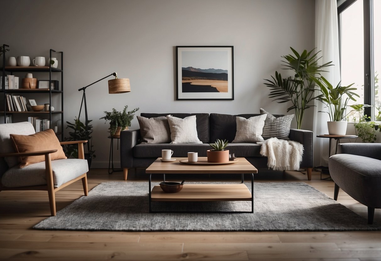 A cozy living room with a stylish rug, a modern coffee table, and a sleek sofa surrounded by shelves filled with discounted home decor items