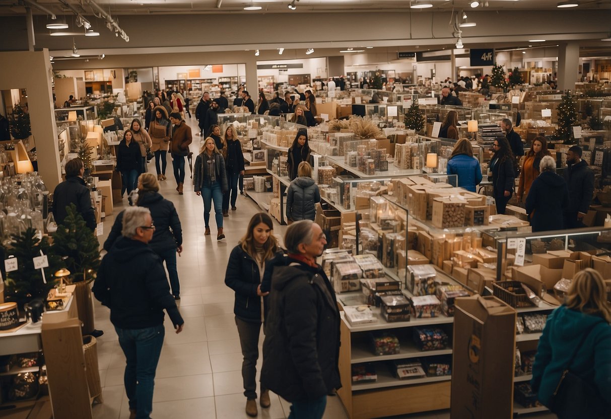 Customers browse through aisles of discounted home decor items on Black Friday, navigating the store layout for the best deals