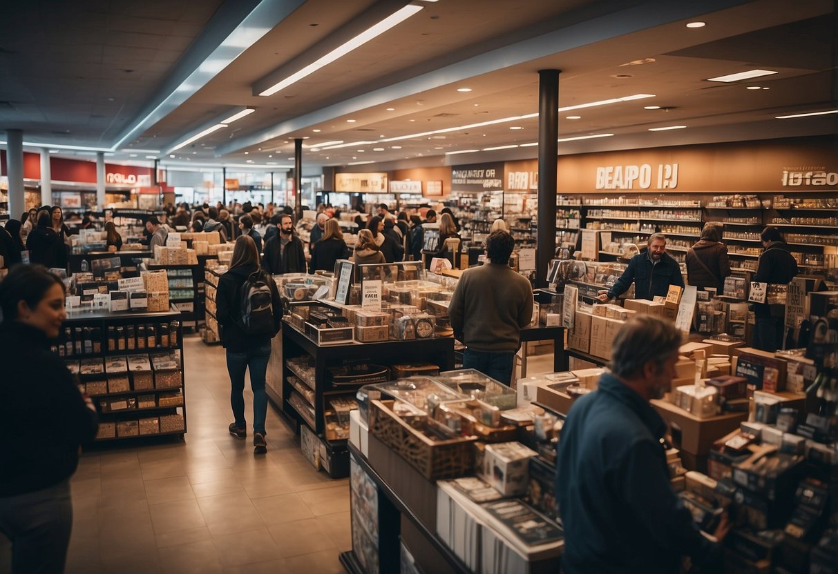 A crowded store with shelves of home decor items, signs advertising Black Friday deals, and shoppers browsing for bundle deals