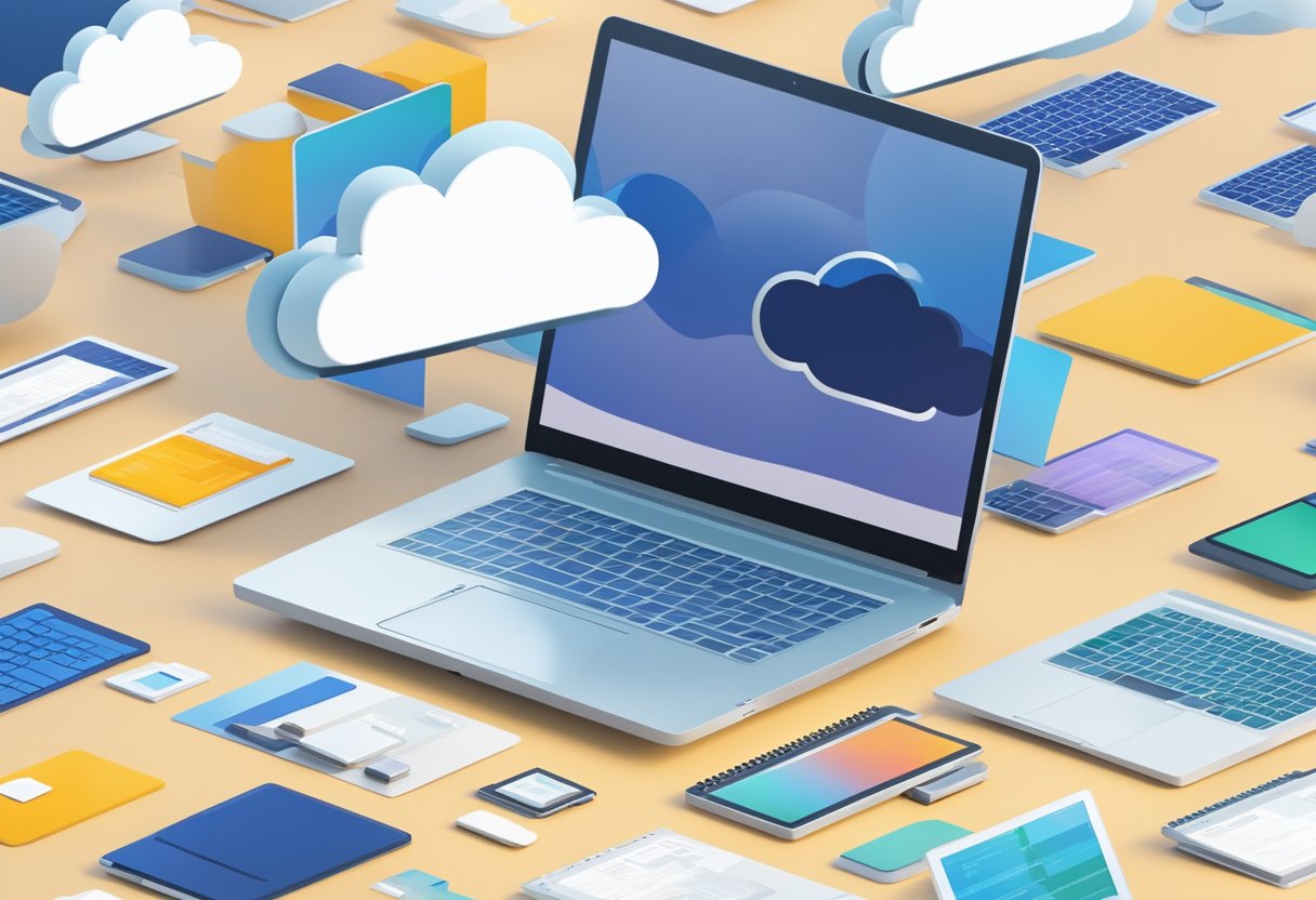 A laptop surrounded by floating clouds, each representing a different cloud service provider. The laptop screen displays a comparison chart