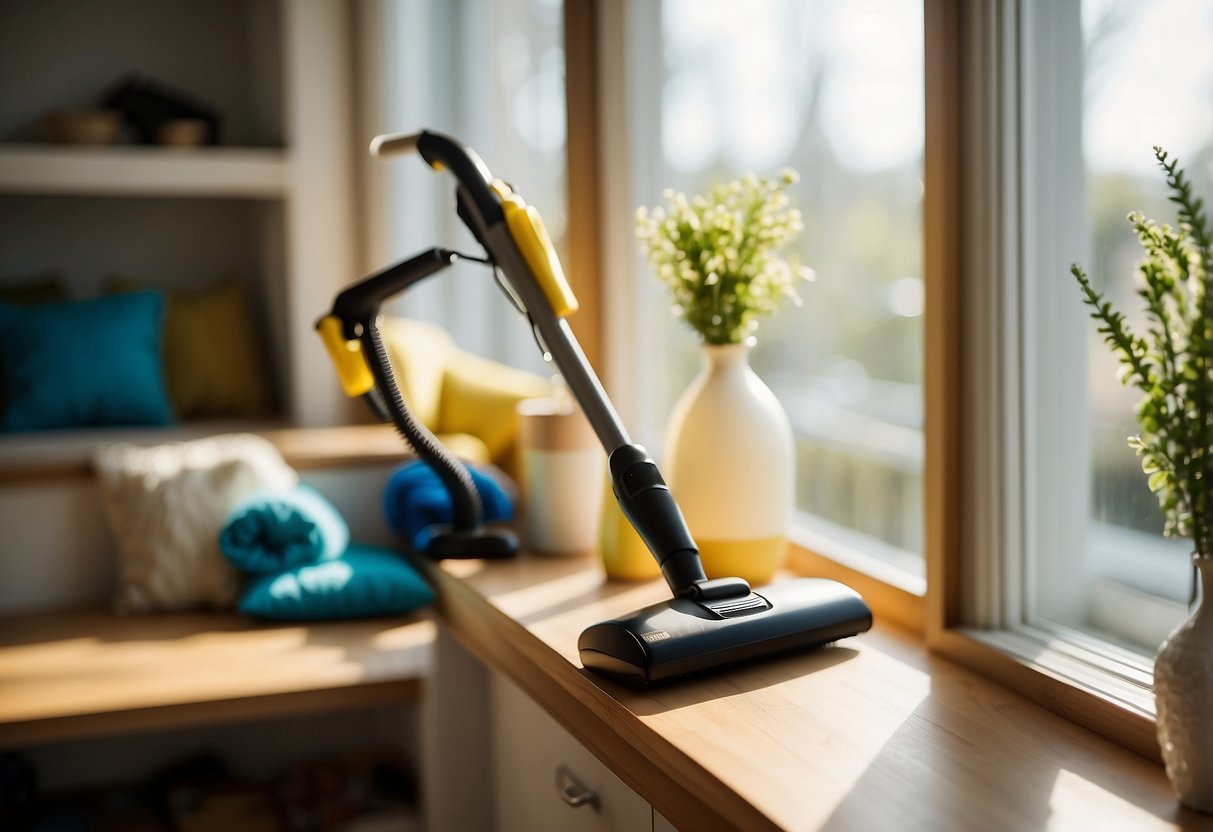 A bright, tidy living room with a vacuum, duster, and cleaning supplies neatly organized on a shelf. Sunlight streams through the windows, illuminating the clean, cozy space