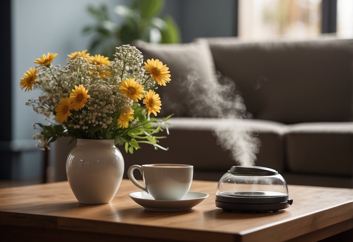 A Dust-Buster 3000 hovers over a coffee table, sucking up dust and debris. A vase of flowers sits nearby, adding a touch of elegance to the scene