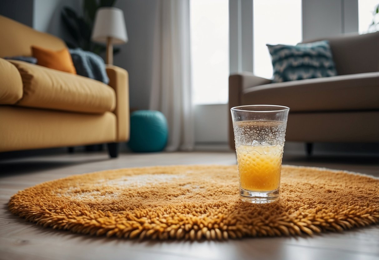 A living room with a colorful rug and a spilled drink. A person using the Bissell SpotClean to quickly and effectively clean the stain