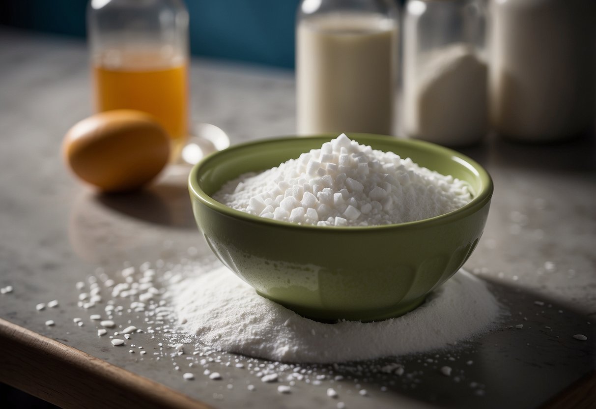 A bowl of baking soda mixed with water, forming a thick paste, sits on a countertop next to a scrub brush and a dirty surface