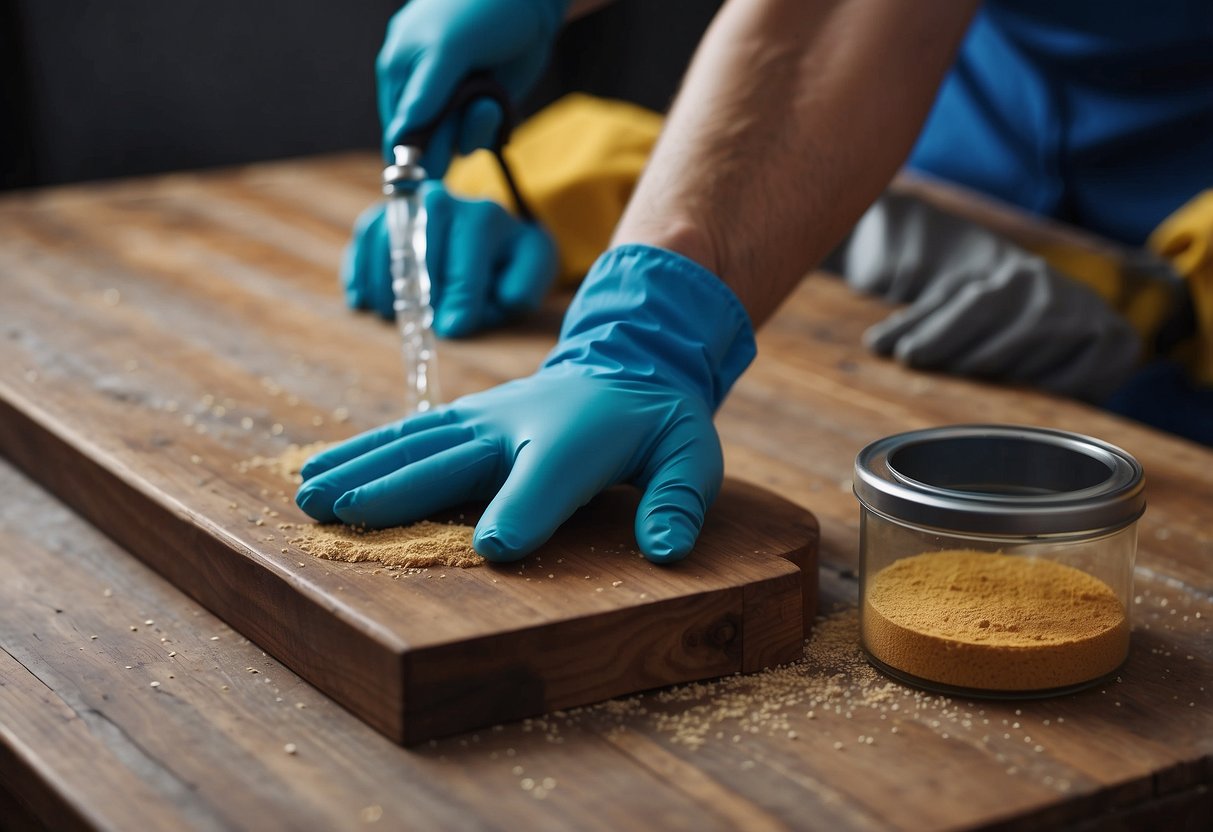 A table with various materials (wood, glass, fabric) being cleaned with appropriate tools and products. Dust and dirt being removed effectively