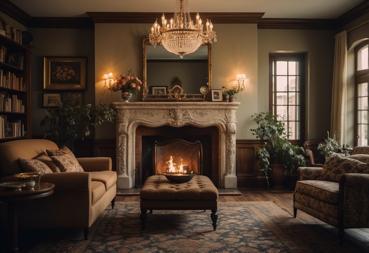 A cozy living room with a vintage rug, floral wallpaper, and antique furniture arranged around a fireplace. A classic chandelier hangs from the ceiling, casting a warm glow over the room