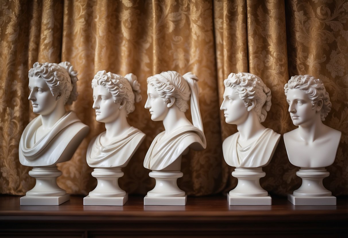 A shelf displays classical busts against a backdrop of ornate wallpaper and elegant drapes, adding a touch of timeless sophistication to the room