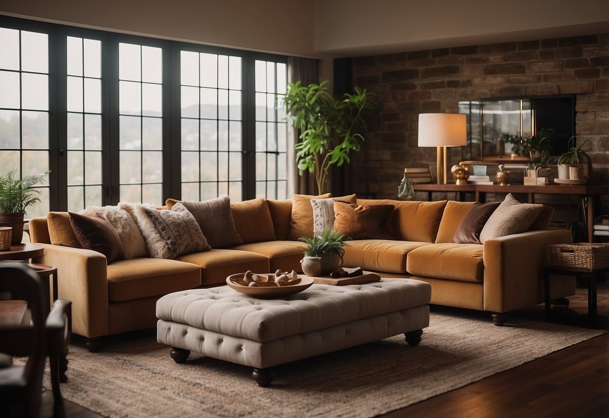 A cozy living room with warm earthy tones, plush velvet upholstery, and rich wood textures. A mix of vintage and modern decor creates a timeless and inviting atmosphere