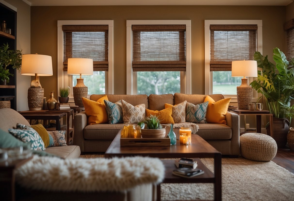 A cozy living room with warm earthy tones, accented by pops of vibrant colors in the form of throw pillows, artwork, and decorative accents