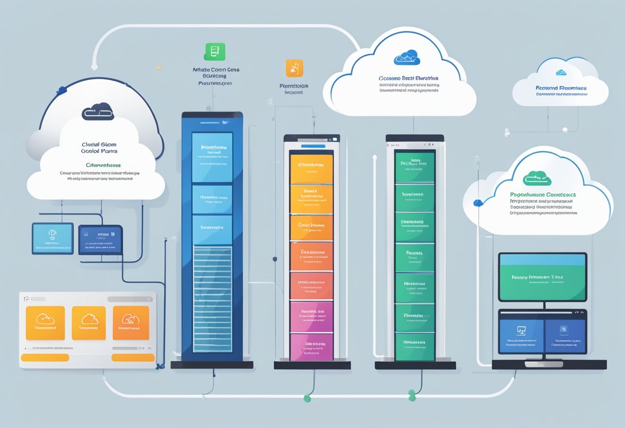 The illustration shows major cloud service providers side by side, with labeled features, pricing, and performance metrics displayed