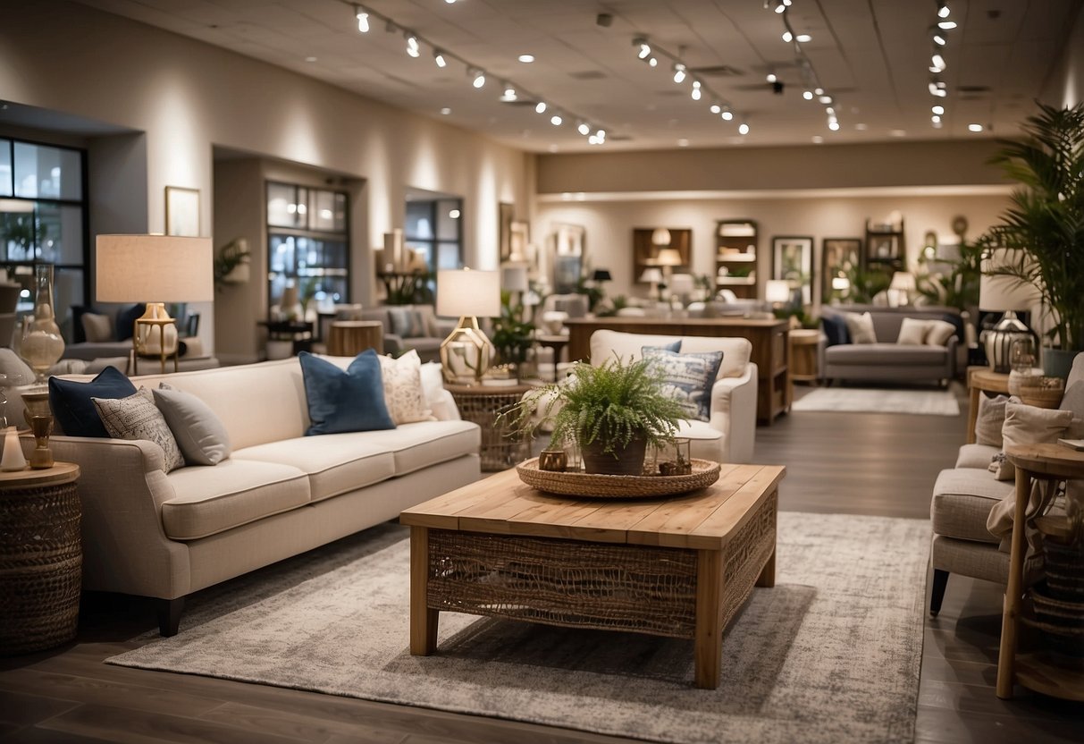 A well-lit, spacious showroom displays a variety of home decor items, including rugs, throw pillows, and wall art. Shoppers browse through the neatly arranged displays, while friendly staff members offer advice and assistance