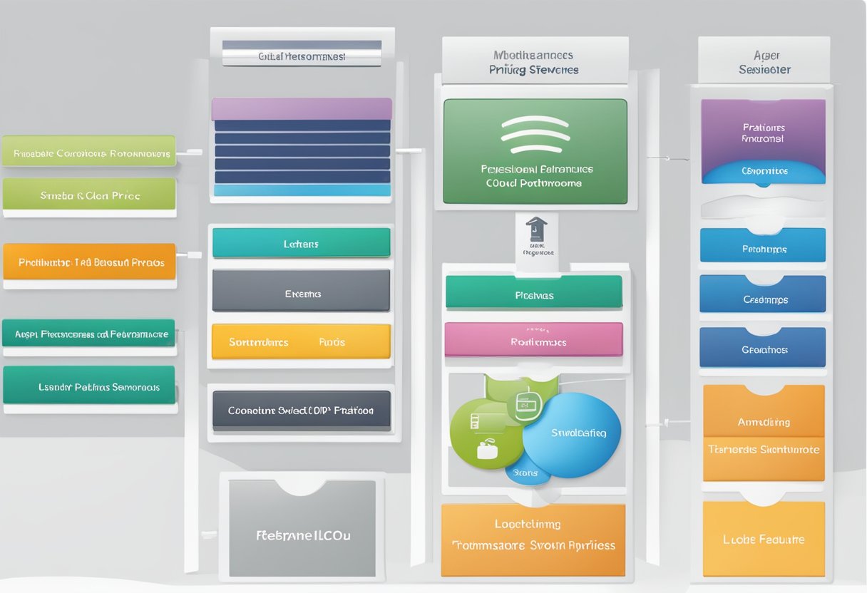 A table with labeled columns for features, pricing, and performance. Logos of major cloud service providers at the top