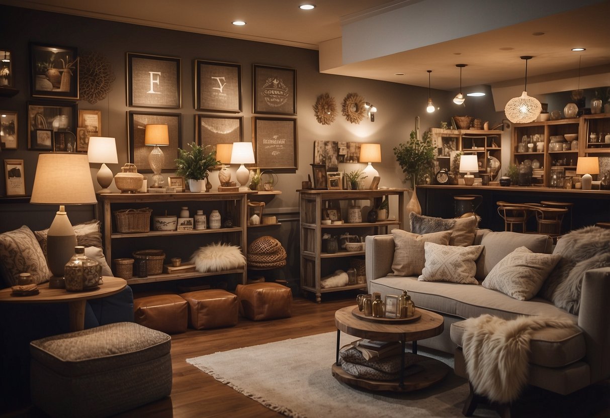 A cozy boutique filled with unique home decor items, from stylish throw pillows to vintage wall art, creating a warm and inviting atmosphere