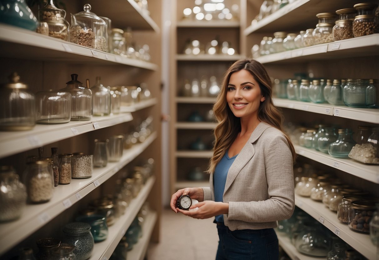 A shopper browses through shelves of discounted home decor items, searching for sales and discounts