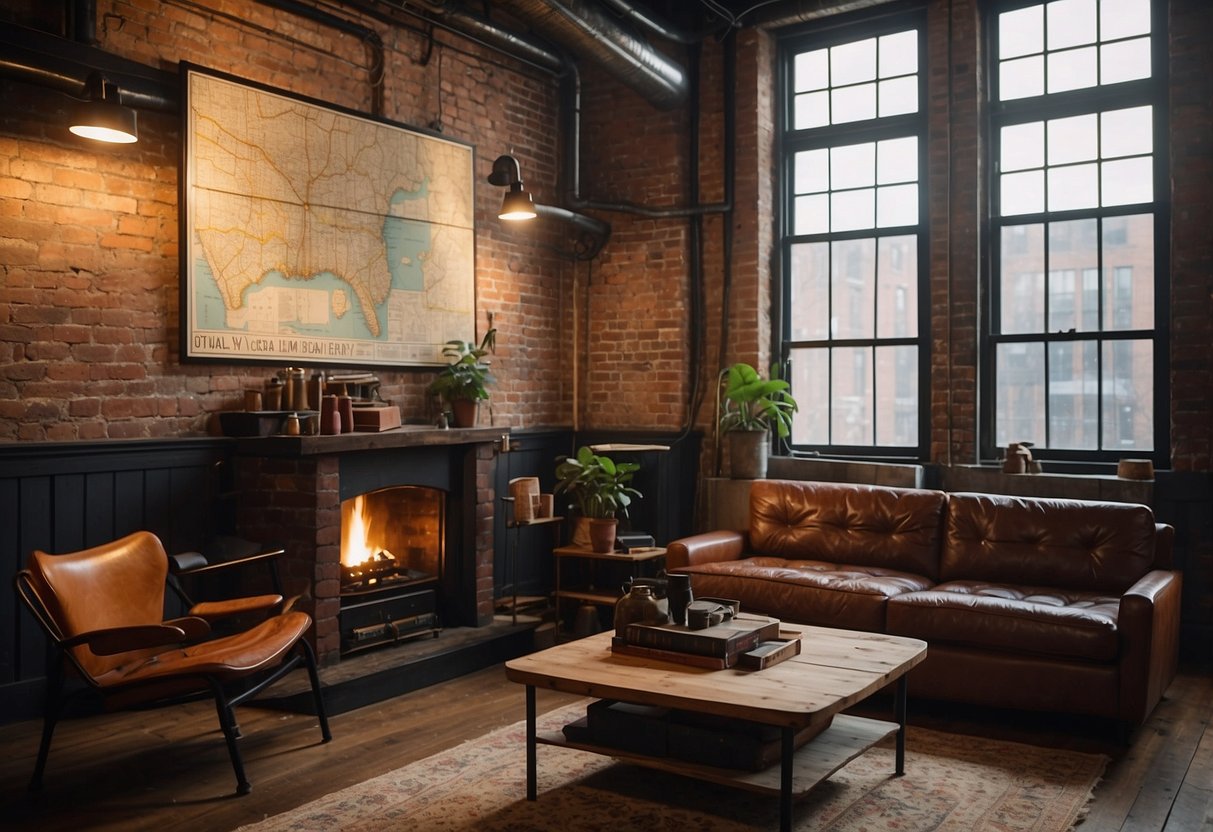 A cozy living room with exposed brick walls, vintage leather furniture, and industrial light fixtures. A large map of New York City hangs on the wall, while a subway sign and a vintage poster add to the New York vibe