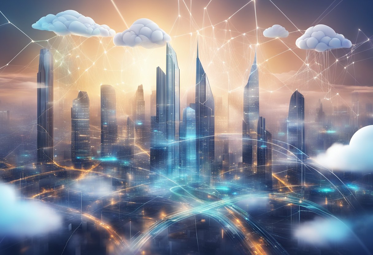 A futuristic city skyline with interconnected clouds and data streams, showcasing the potential impact of cloud computing on businesses