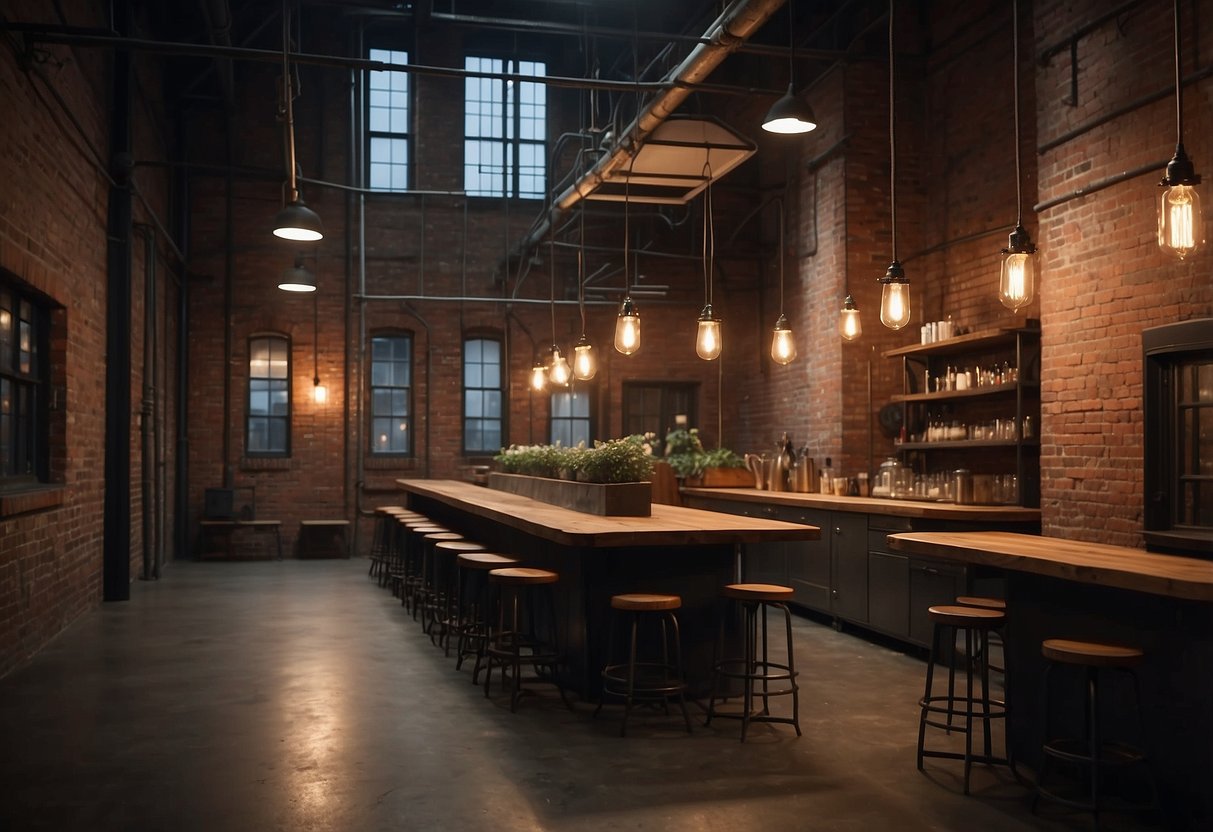 A dimly lit industrial space with exposed brick walls and vintage New York-style lighting fixtures hanging from the ceiling