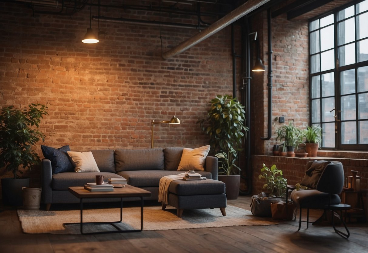 An urban loft with exposed brick walls, industrial lighting, and vintage furniture. New York style decor tips