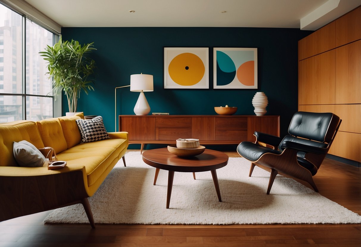 A mid-century modern living room with sleek furniture, clean lines, and bold colors. A statement piece like a teak sideboard or an Eames lounge chair adds a touch of New York style