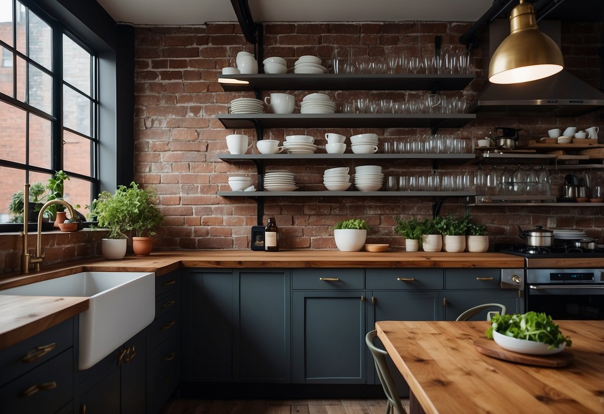 A modern, industrial-style kitchen with open shelving units filled with sleek dishes and glassware. Exposed brick walls and subway tile backsplash complete the New York City-inspired decor