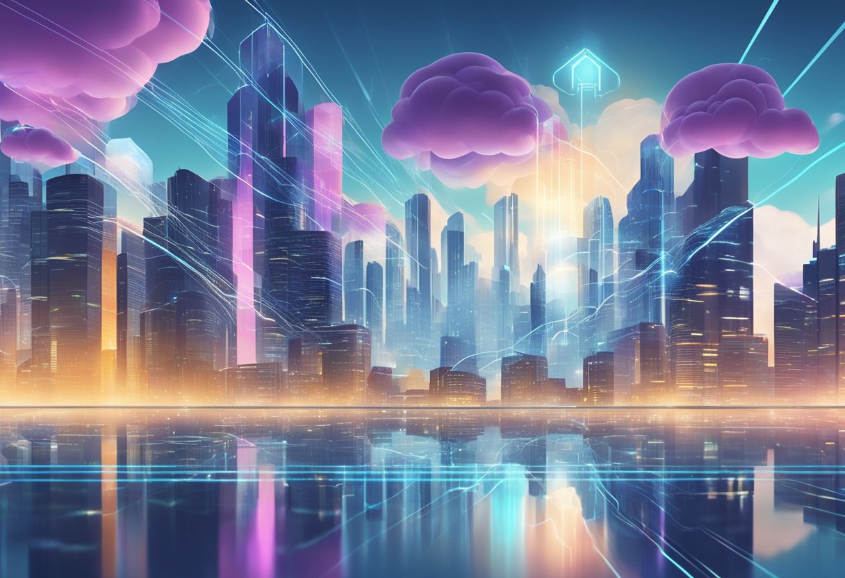 A futuristic cityscape with interconnected data clouds hovering above, showcasing the potential of cloud computing