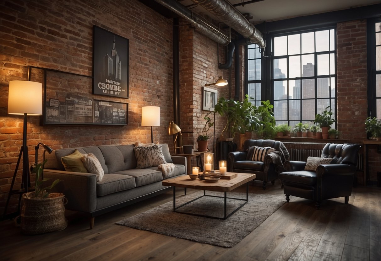 A cozy living room with vintage New York City posters on exposed brick walls, complemented by industrial-style furniture and warm lighting