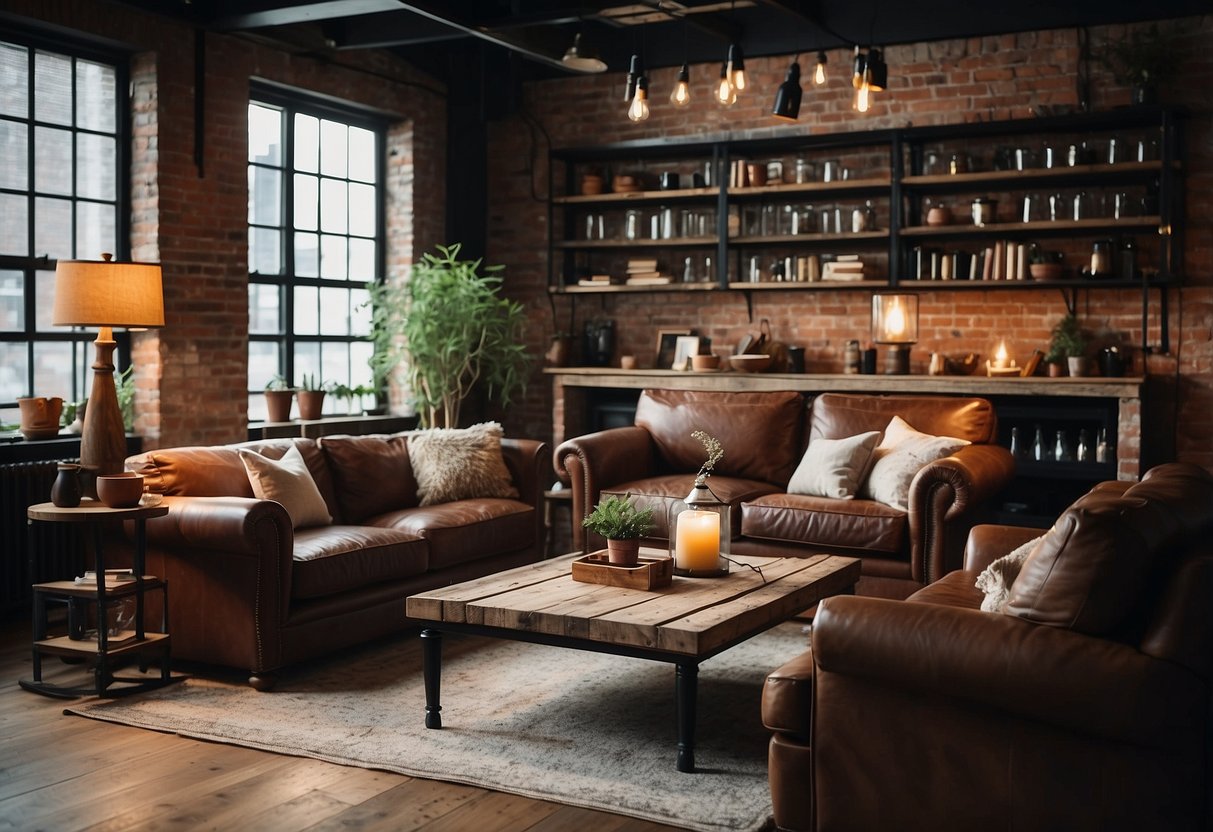 A cozy living room with reclaimed wood accents, vintage leather furniture, and industrial lighting, capturing the essence of New York style decor