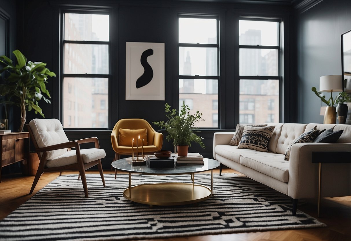 A cozy living room with a bold, patterned rug as the focal point. The room is decorated in a chic New York style, with modern furniture and minimalistic accents