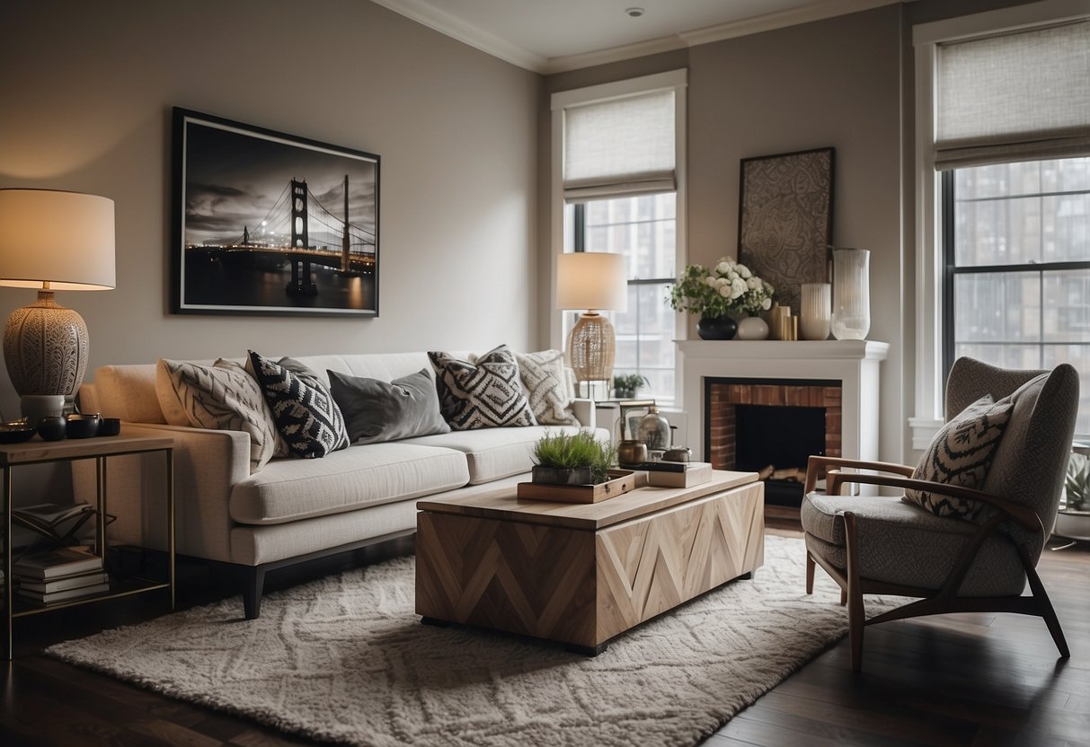 A cozy living room with modern New York style decor, featuring stylish chevron patterned throws draped over a sleek sofa and accent chairs