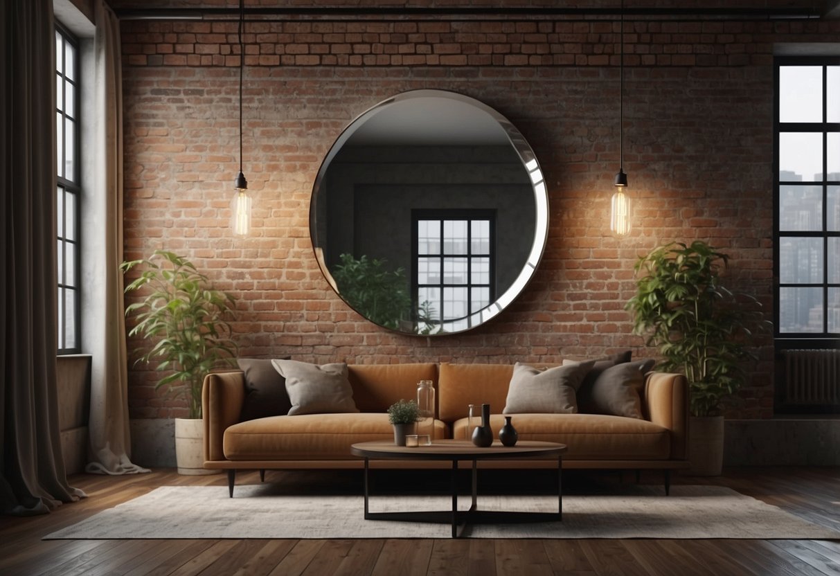 An oversized mirror reflects a chic New York-style living room with exposed brick, industrial lighting, and minimalist furniture