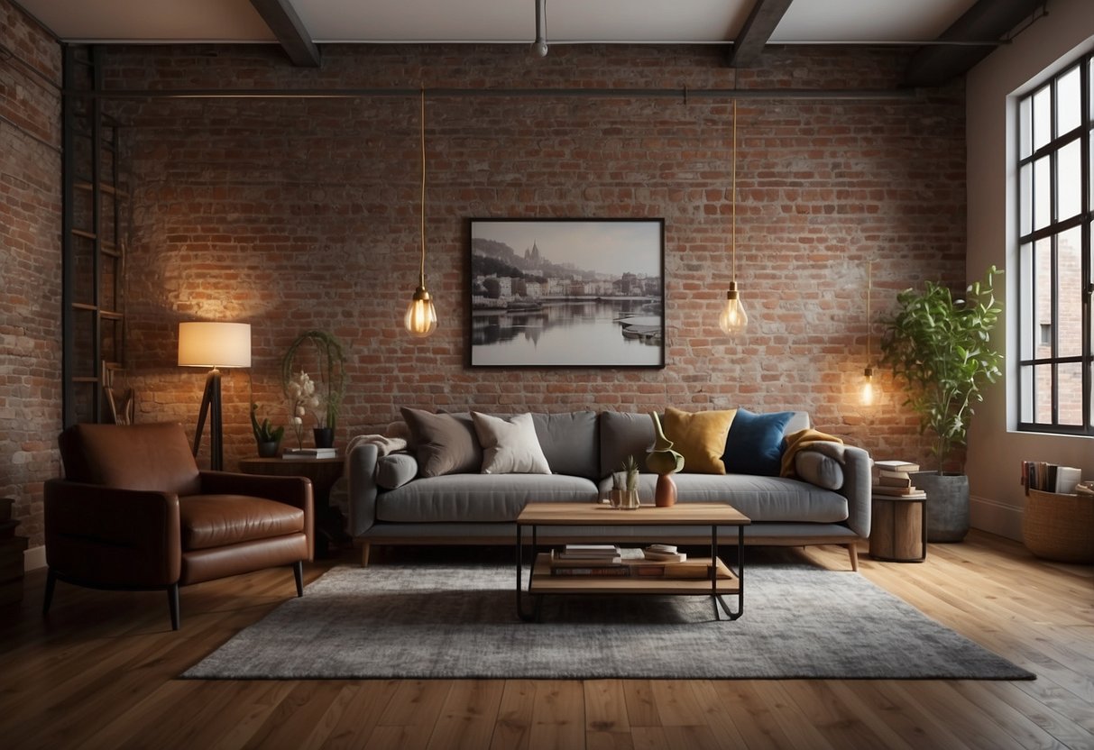 A cozy living room with exposed brick walls, industrial-style lighting, and a mix of vintage and modern furniture. A large, abstract art piece serves as a focal point, while a plush area rug adds warmth to the hardwood floors